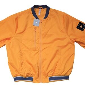 Fabletics Satin Bomber‎ Jacket Mens Medium Orange Desert Sun Raincloud Patch Zip